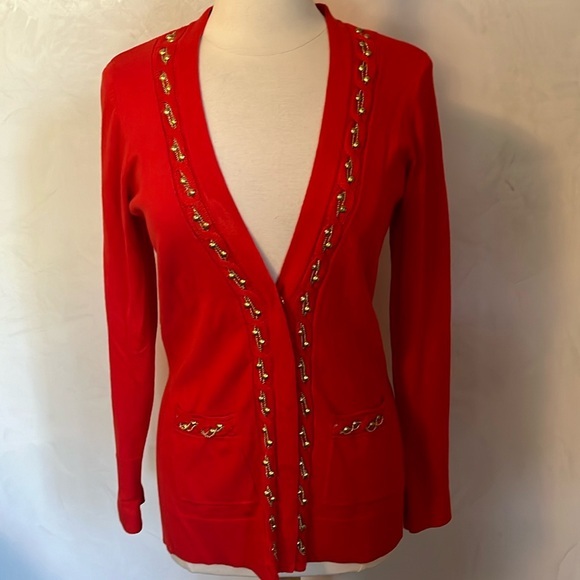 Cach’e Orange thin kint Cardigan w/Gold ball & Chain details on trim Size Large - Picture 1 of 13